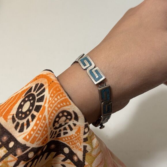 Vintage Taxco Mexico Turquoise Inlay Box Clasp Sterling Bracelet - Picture 2 of 5